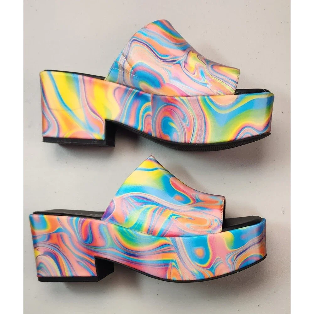 Funky Psychedelic Multicolor Platform Slides By Katy Perry The Busy Bee Sz 6.5M